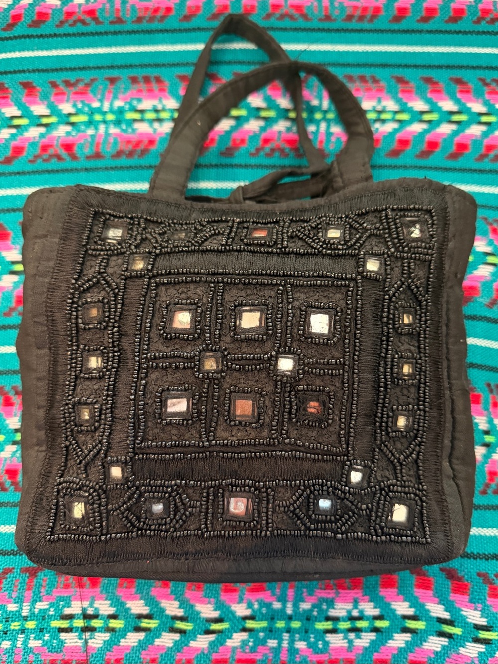 Vintage Black Beaded Mirror Embellished Handbag